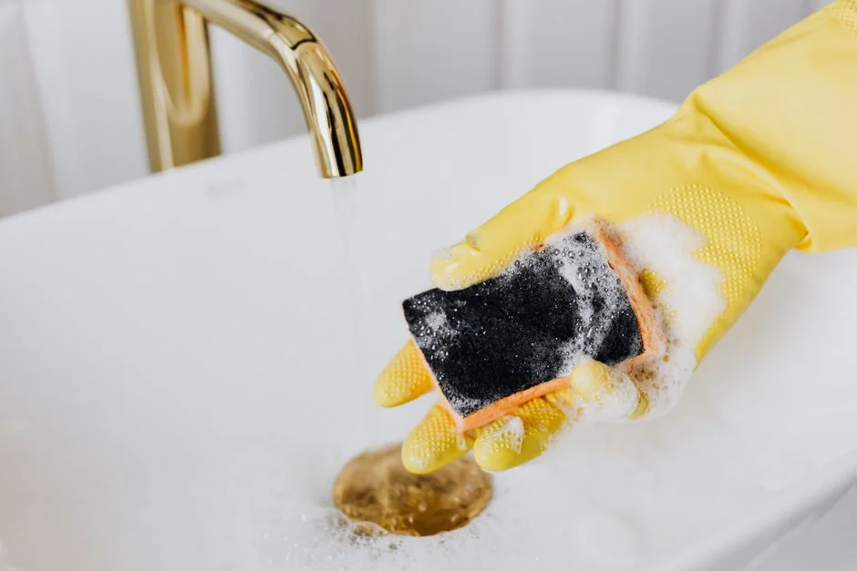 Asian couple enjoying themselves while cleaning their home, creating a cheerful atmosphere.